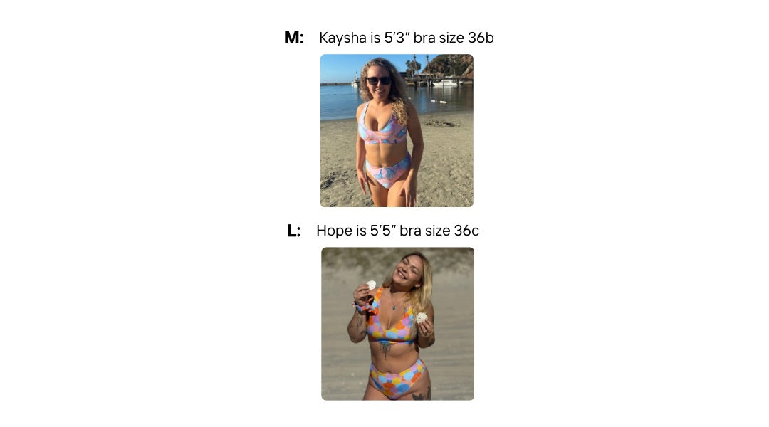 Visual size guide modeling the sporty bikini top and high waisted bottoms size m and l