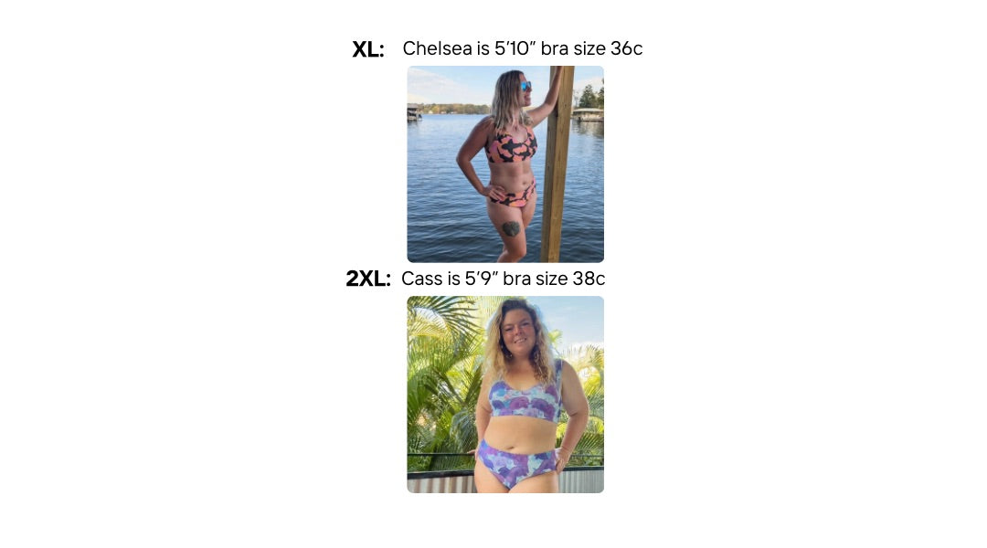 Visual size guide modeling the sporty bikini top and high waisted bottoms size xl and 2XL 