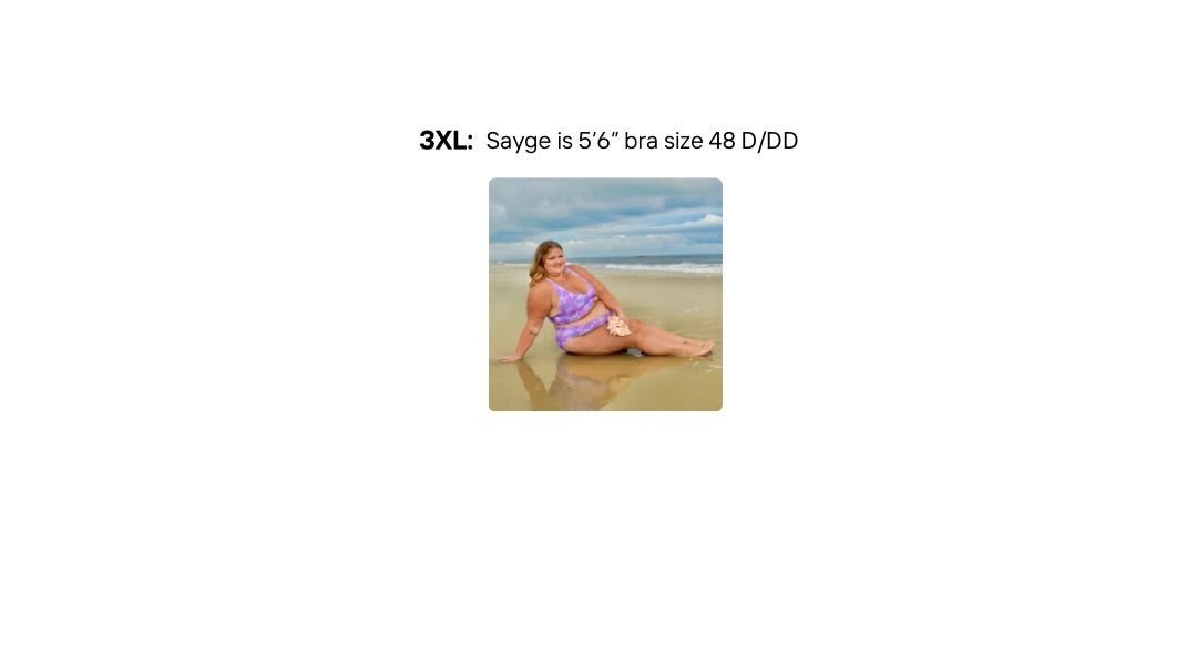 Visual size guide modeling the sporty bikini top and high waisted bottoms size 3XL 