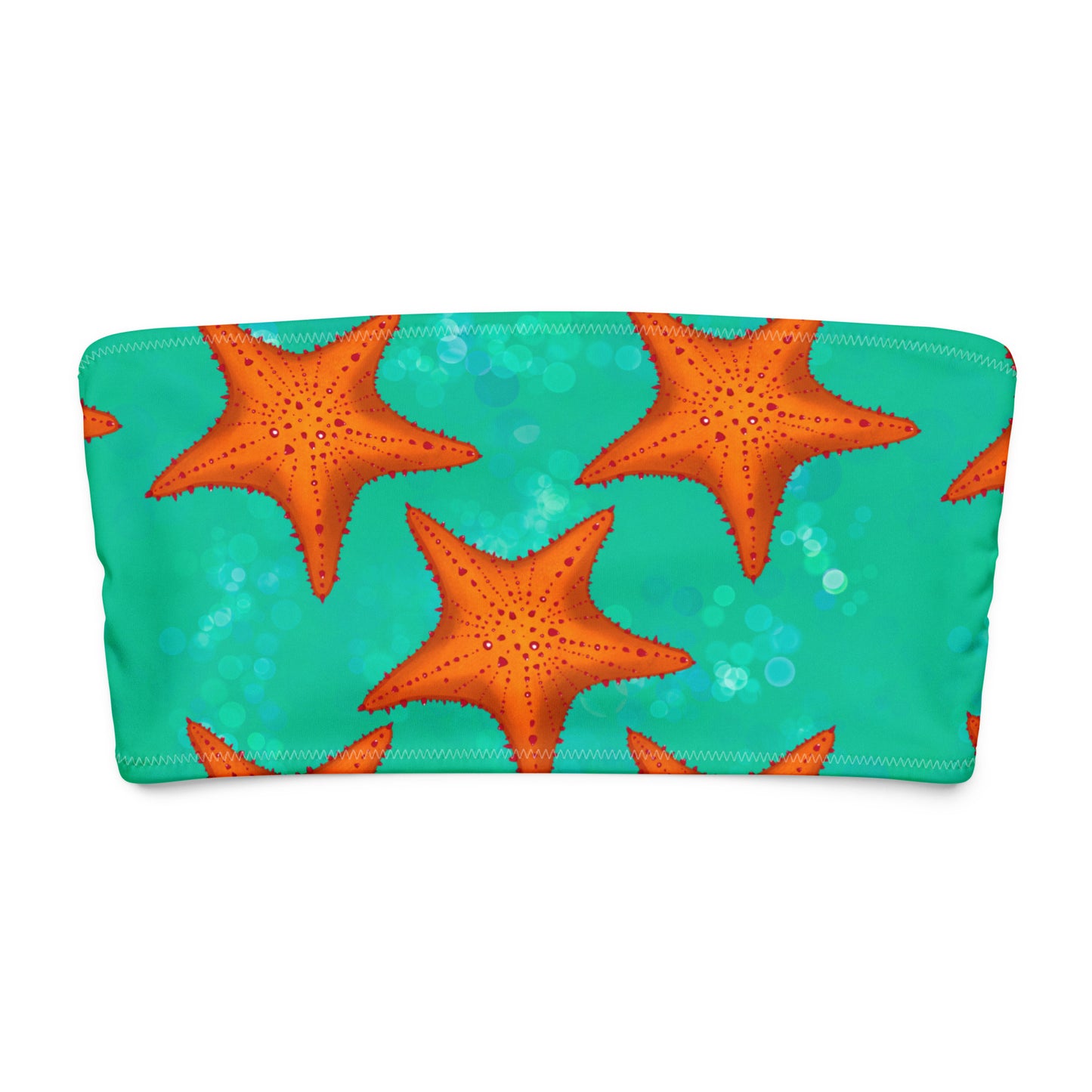 Bandeau bikini top with orange starfish and green/teal background