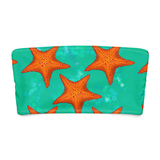 Bandeau bikini top with orange starfish and green/teal background