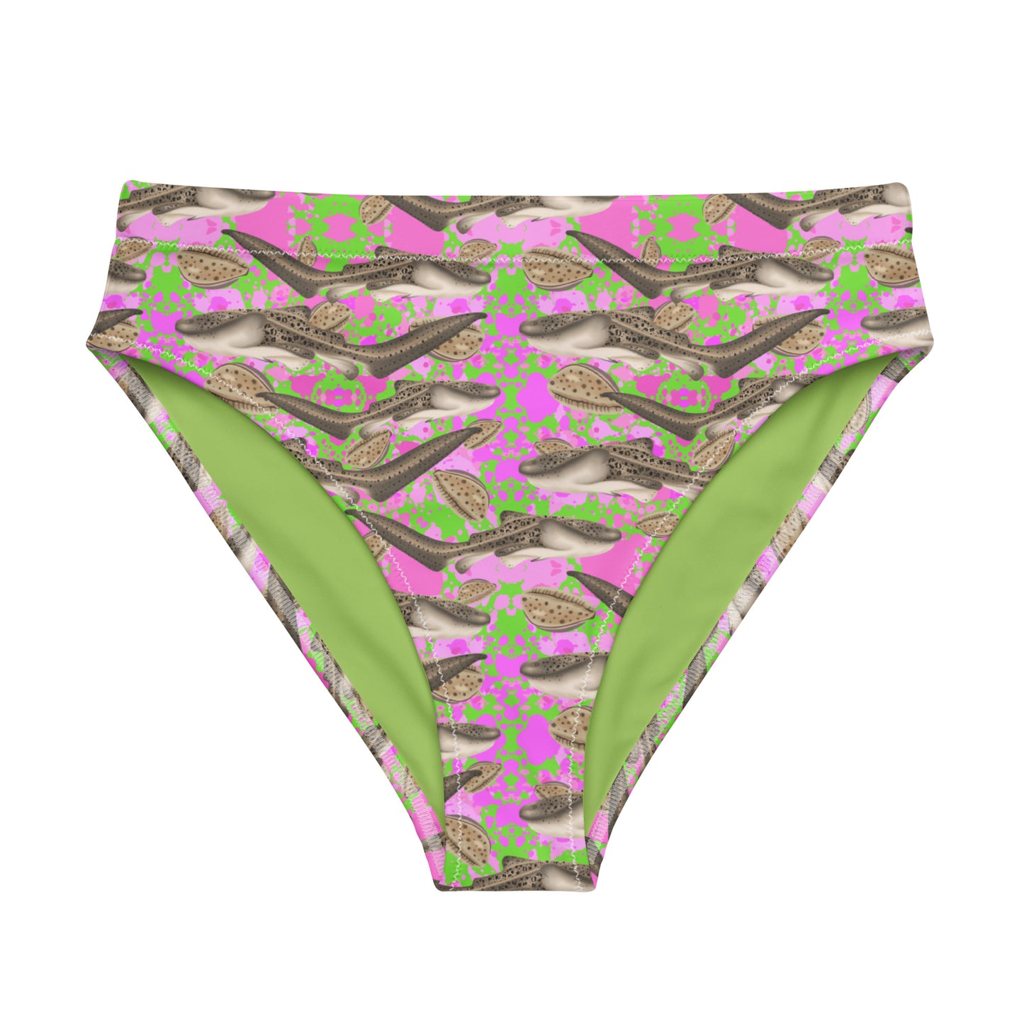 Green and pink high waisted bikini bottoms with zebra sharks and cowrie seashells