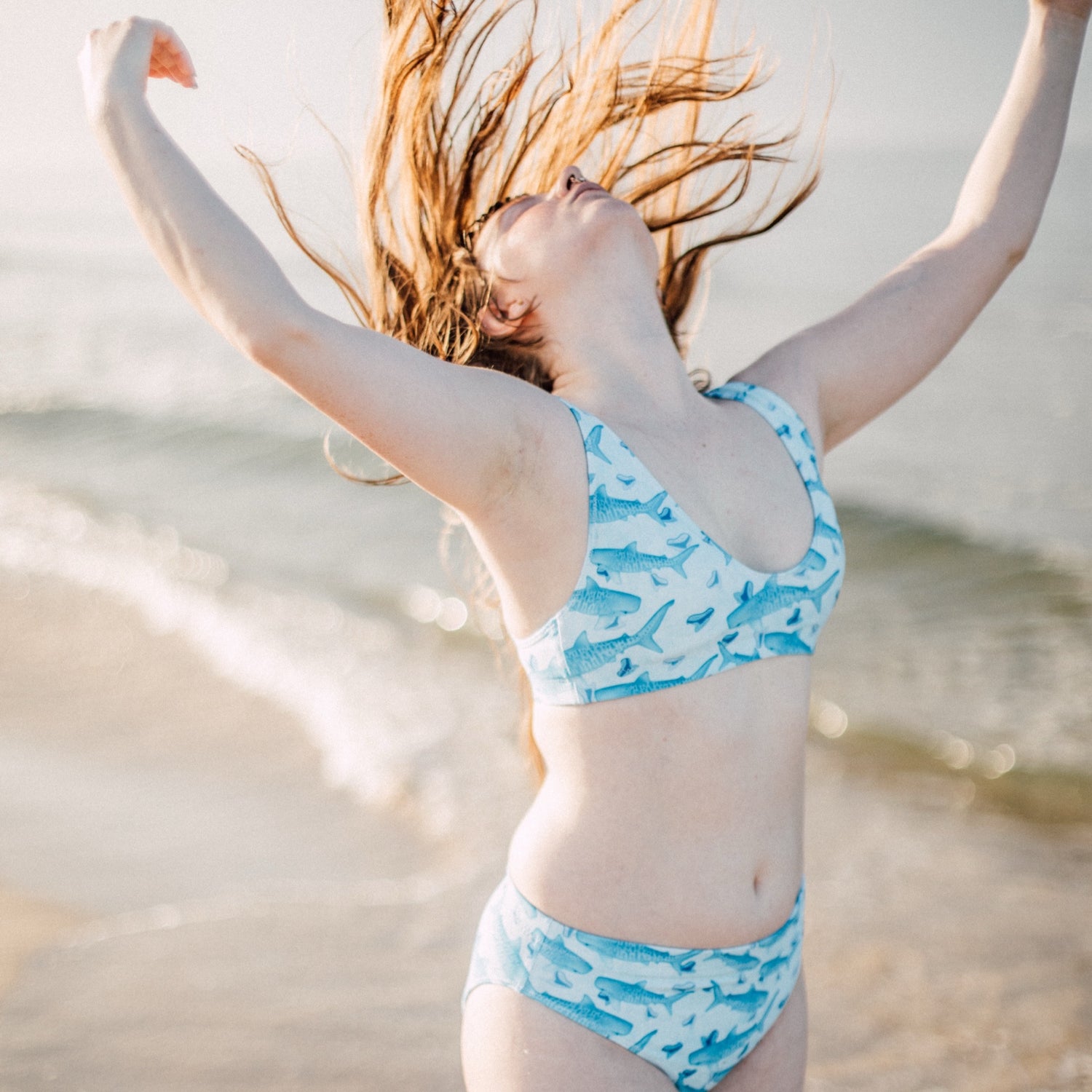 Tiger beach blues high waisted eco bikini on Brooke Fitzwater phd 