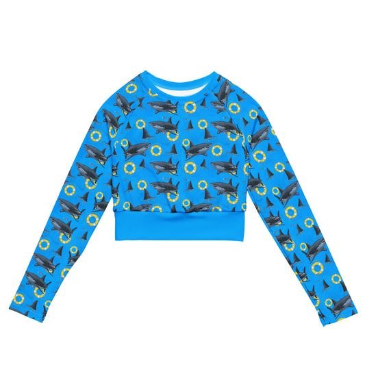 Blue great white shark cropped long sleeve rashguard with yellow floaties 