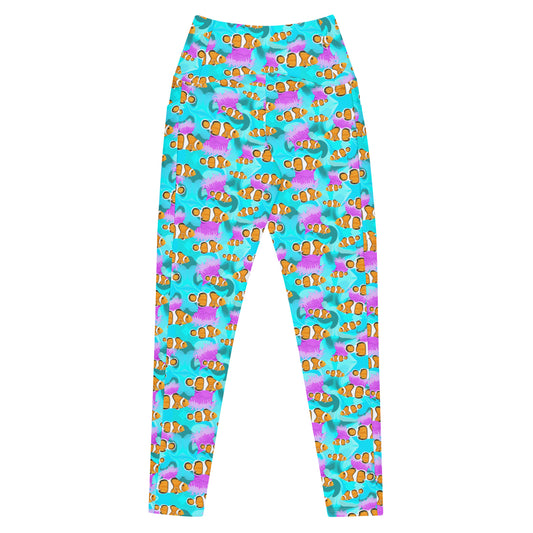 Blue dive leggings with pink anemones and clownfish