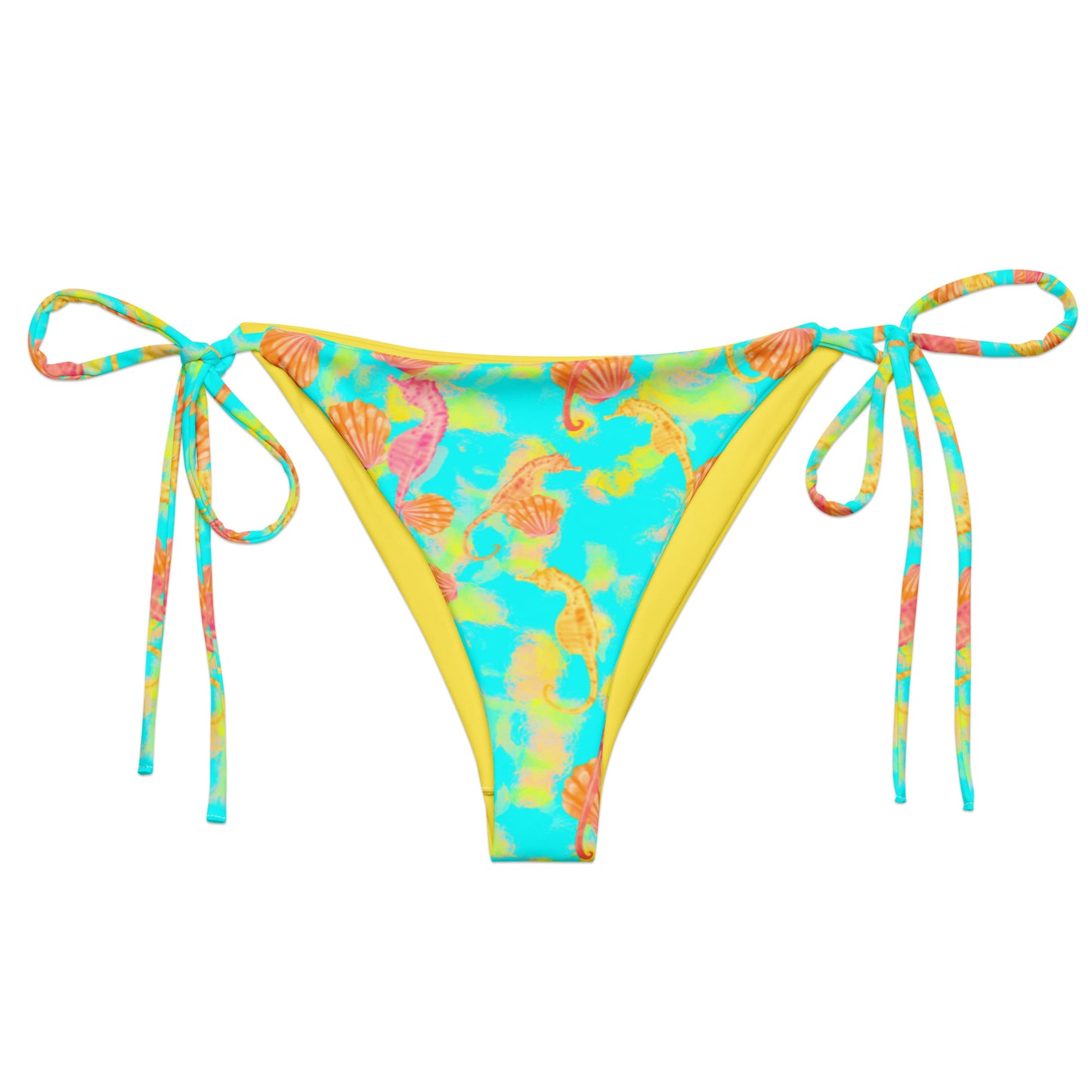 Pink and orange seahorses with sunrise seashells. Light aqua blue and yellow background with a neon yellow band. Eco string bikini bottom