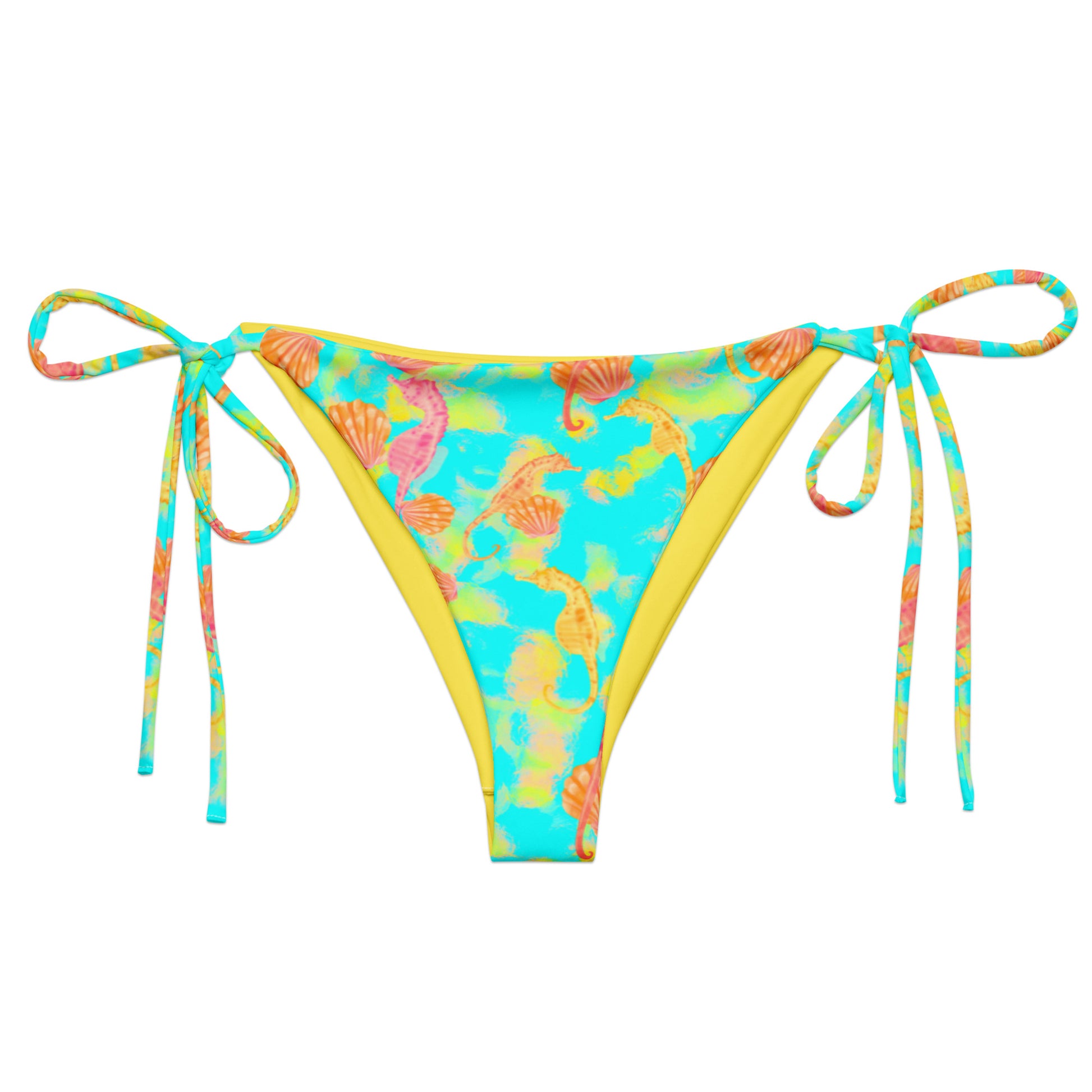 Pink and orange seahorses with sunrise seashells. Light aqua blue and yellow background with a neon yellow band. Eco string bikini bottom