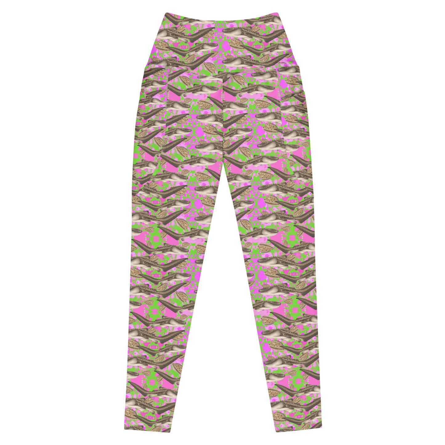 Pink and green dive leggings  with zebra sharks and cowrie seashells 