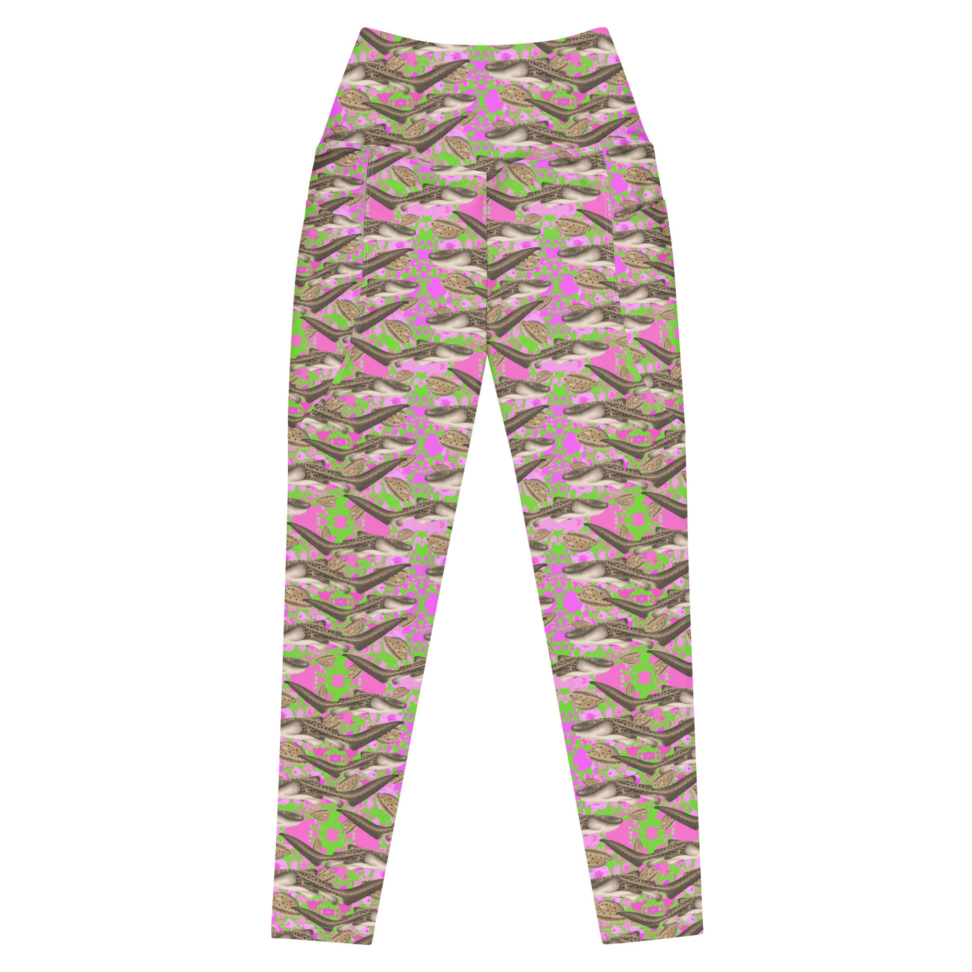 Pink and green dive leggings  with zebra sharks and cowrie seashells 