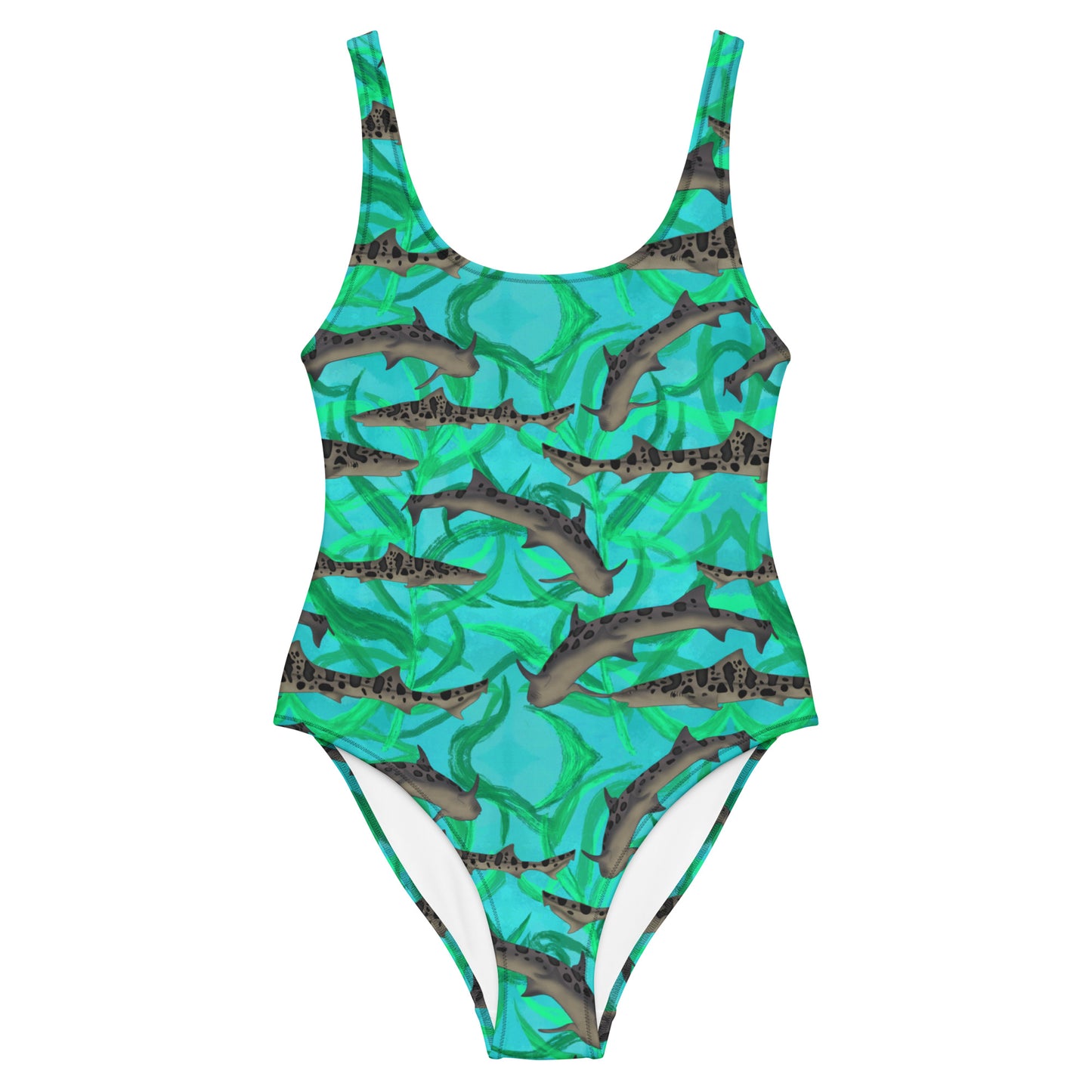 Blue and green one piece swimsuit with leopard sharks 