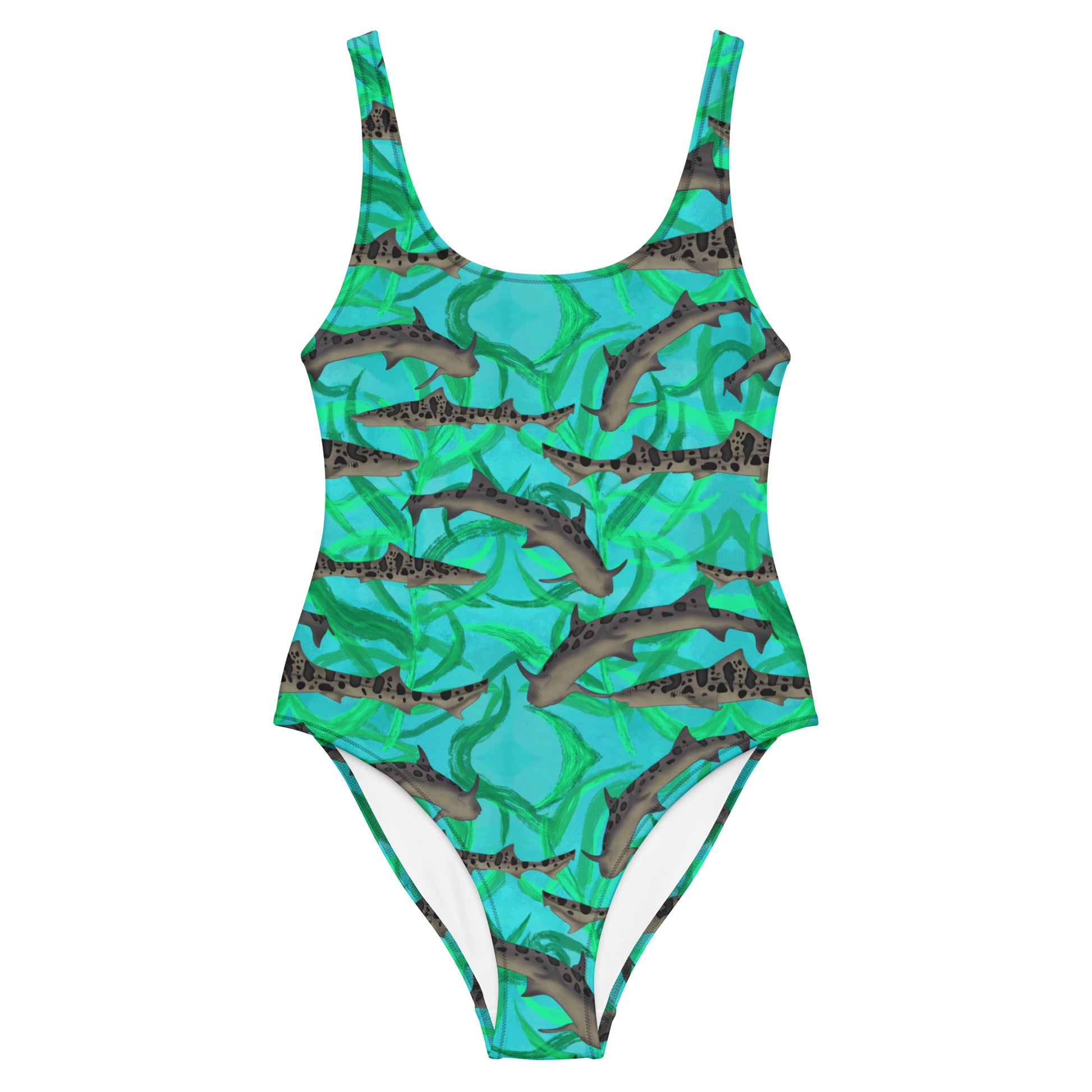 Blue and green one piece swimsuit with leopard sharks 