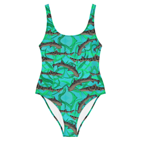 Blue and green one piece swimsuit with leopard sharks 