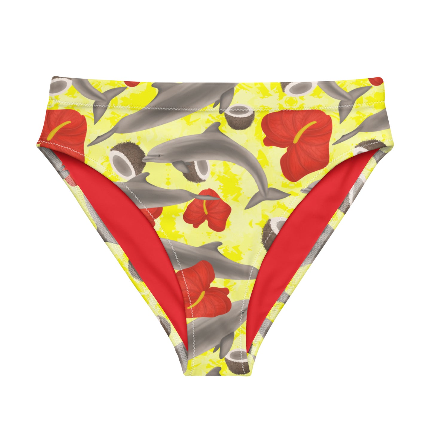 Yellow high waisted bikini bottoms with red flowers and dolphins