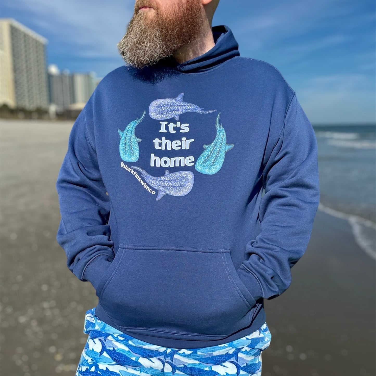 Navy blue whale shark eco hoodie it’s their home 