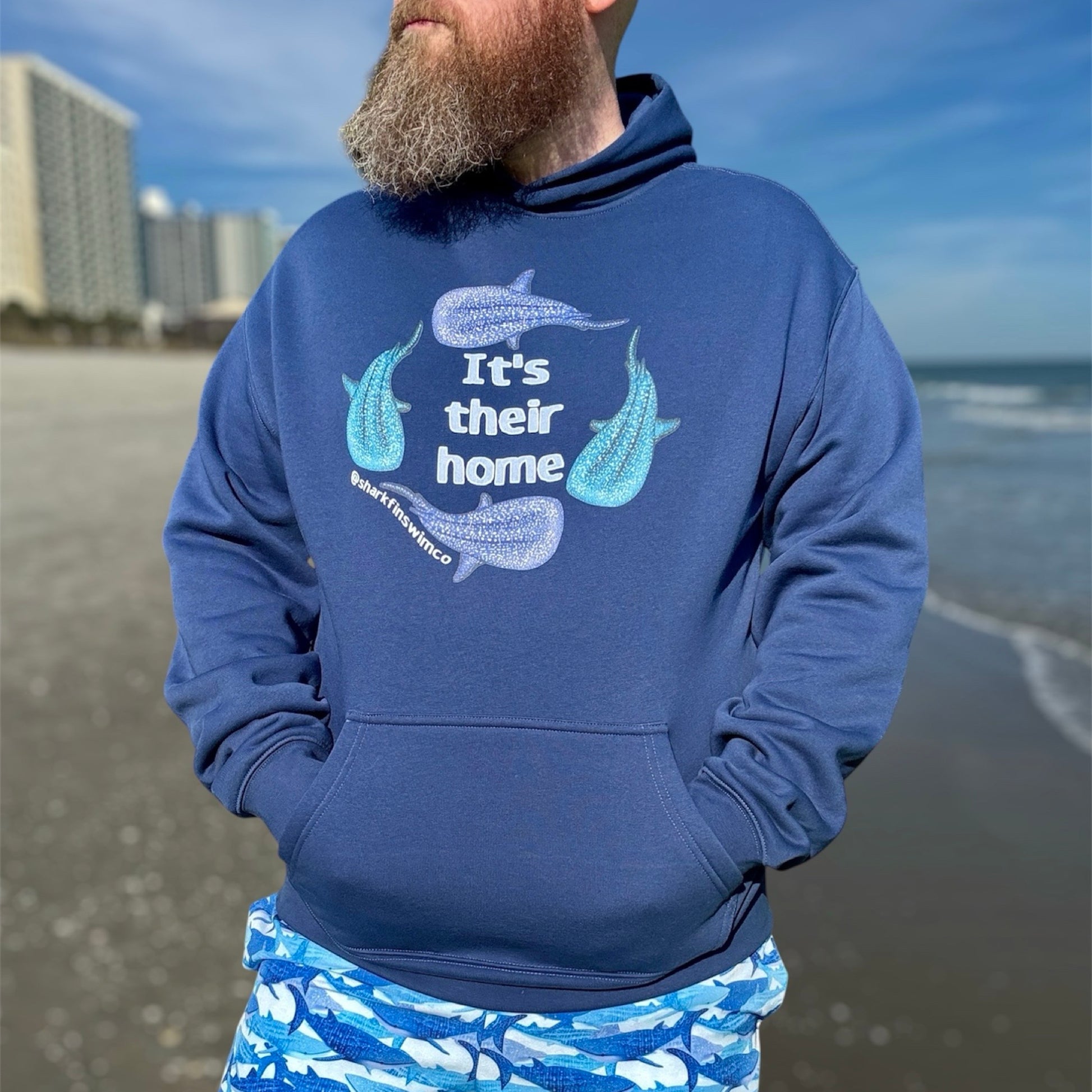 Navy blue whale shark eco hoodie it’s their home 