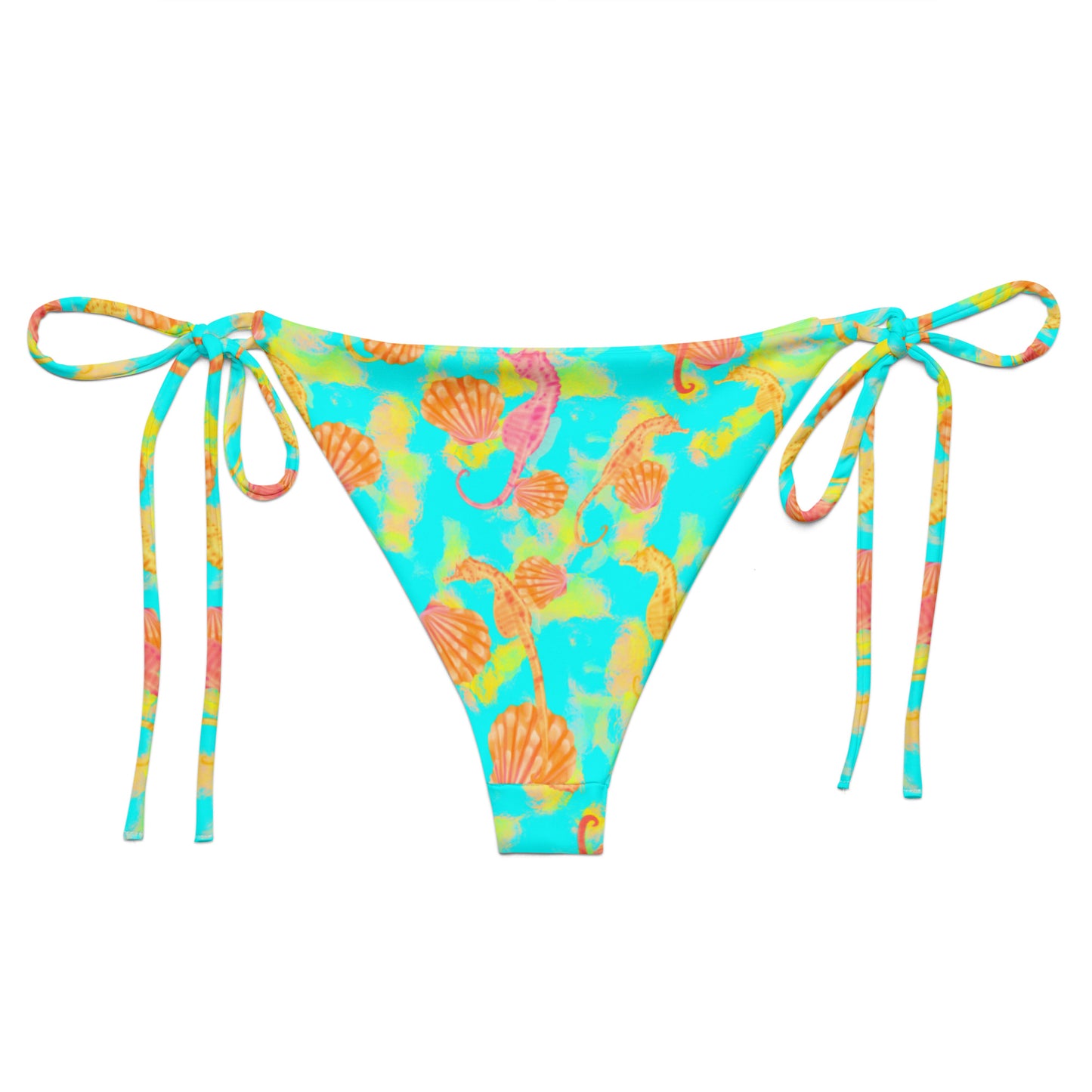 Pink and orange seahorses with sunrise seashells. Light aqua blue and yellow background with a neon yellow band. Eco string bikini bottom
