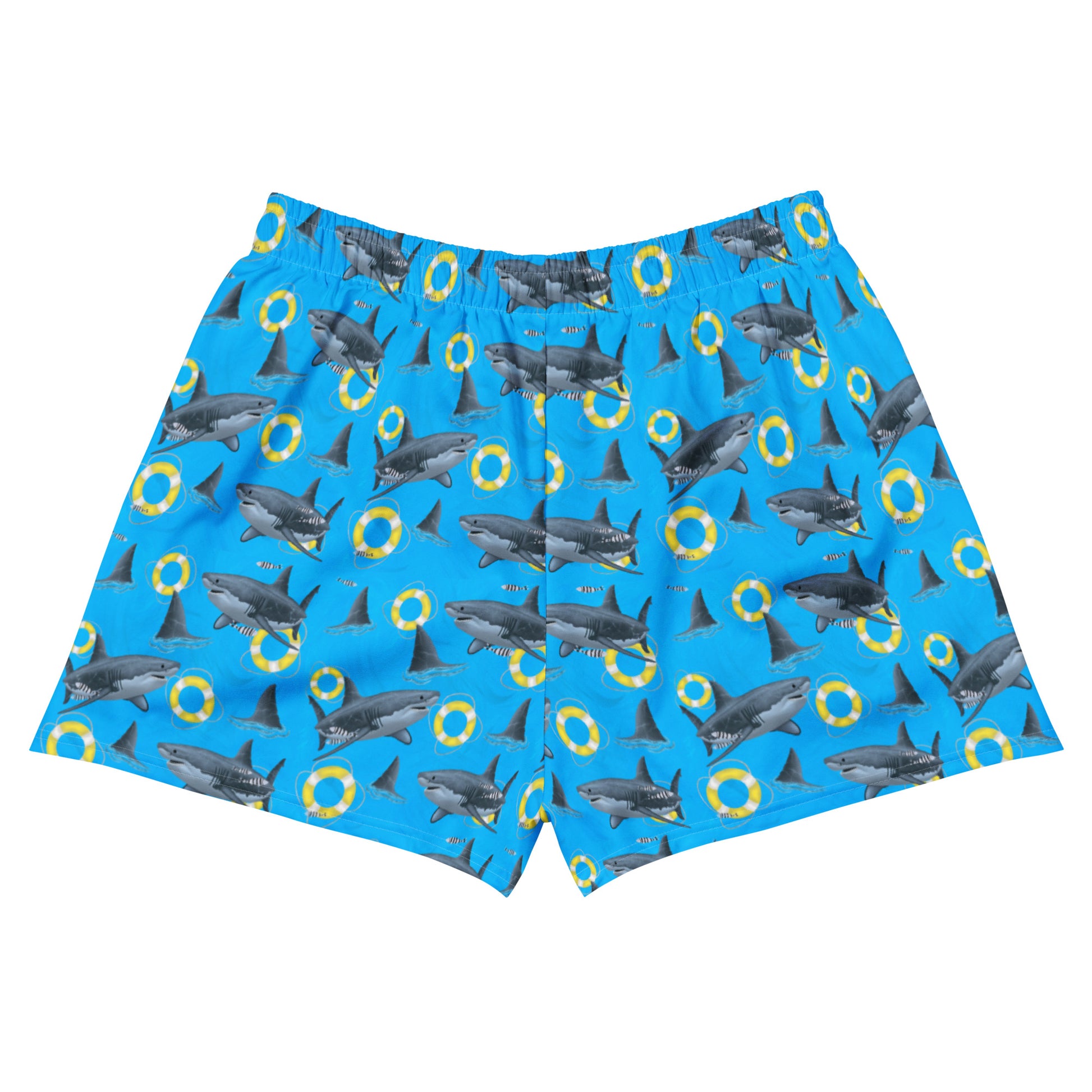 Blue great white shark swim shorts with yellow floaties 