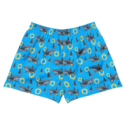Blue great white shark swim shorts with yellow floaties 
