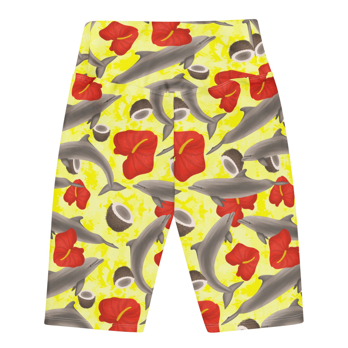 Yellow bike shorts with dolphins and red flowers