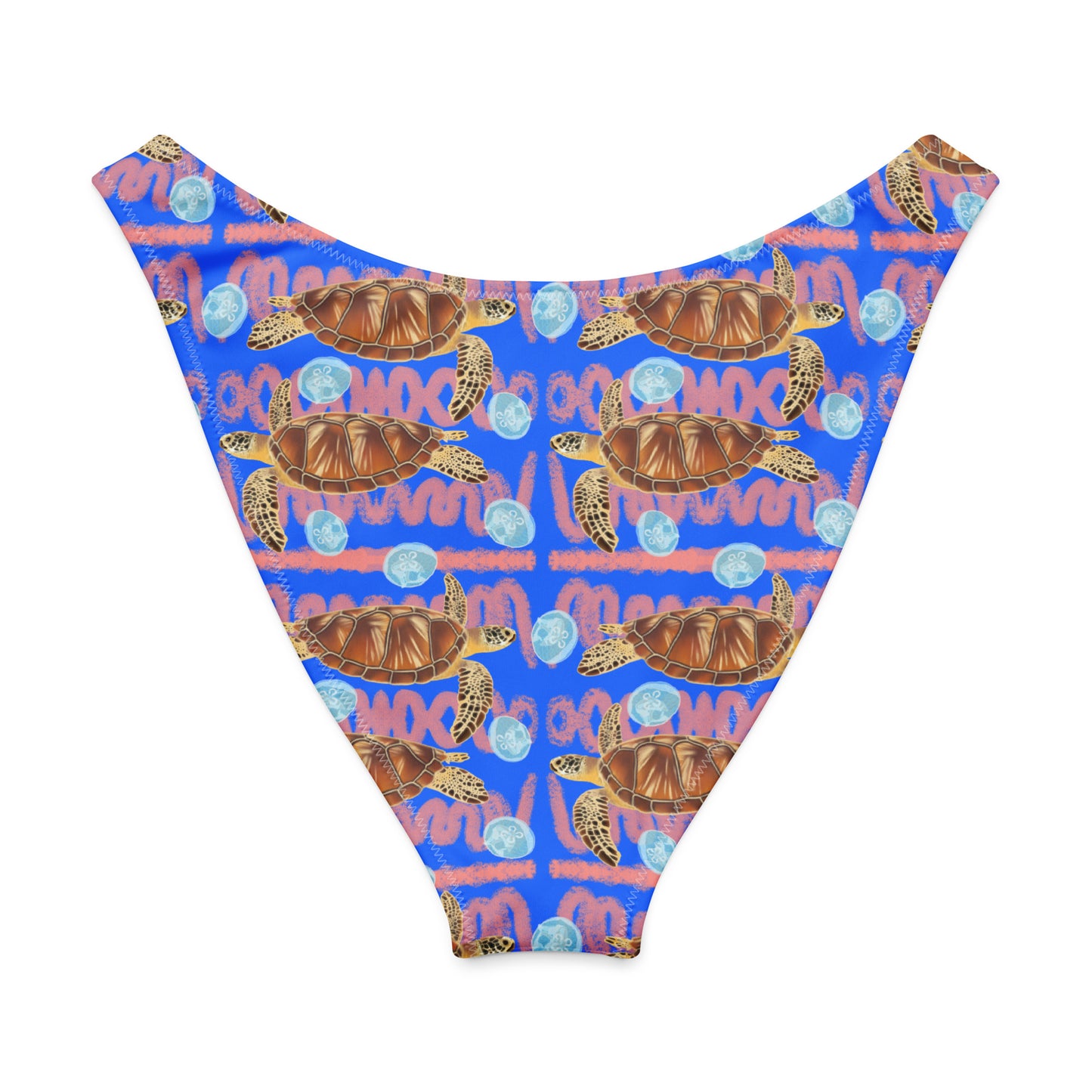 Royal blue and peachy background with sea turtles and moon jellyfish. Eco high cut bikini bottom 
