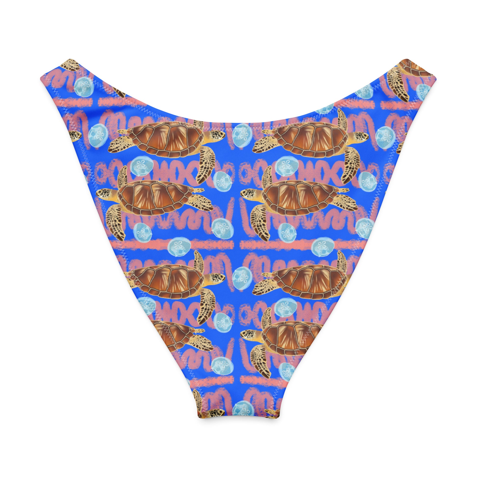 Royal blue and peachy background with sea turtles and moon jellyfish. Eco high cut bikini bottom 