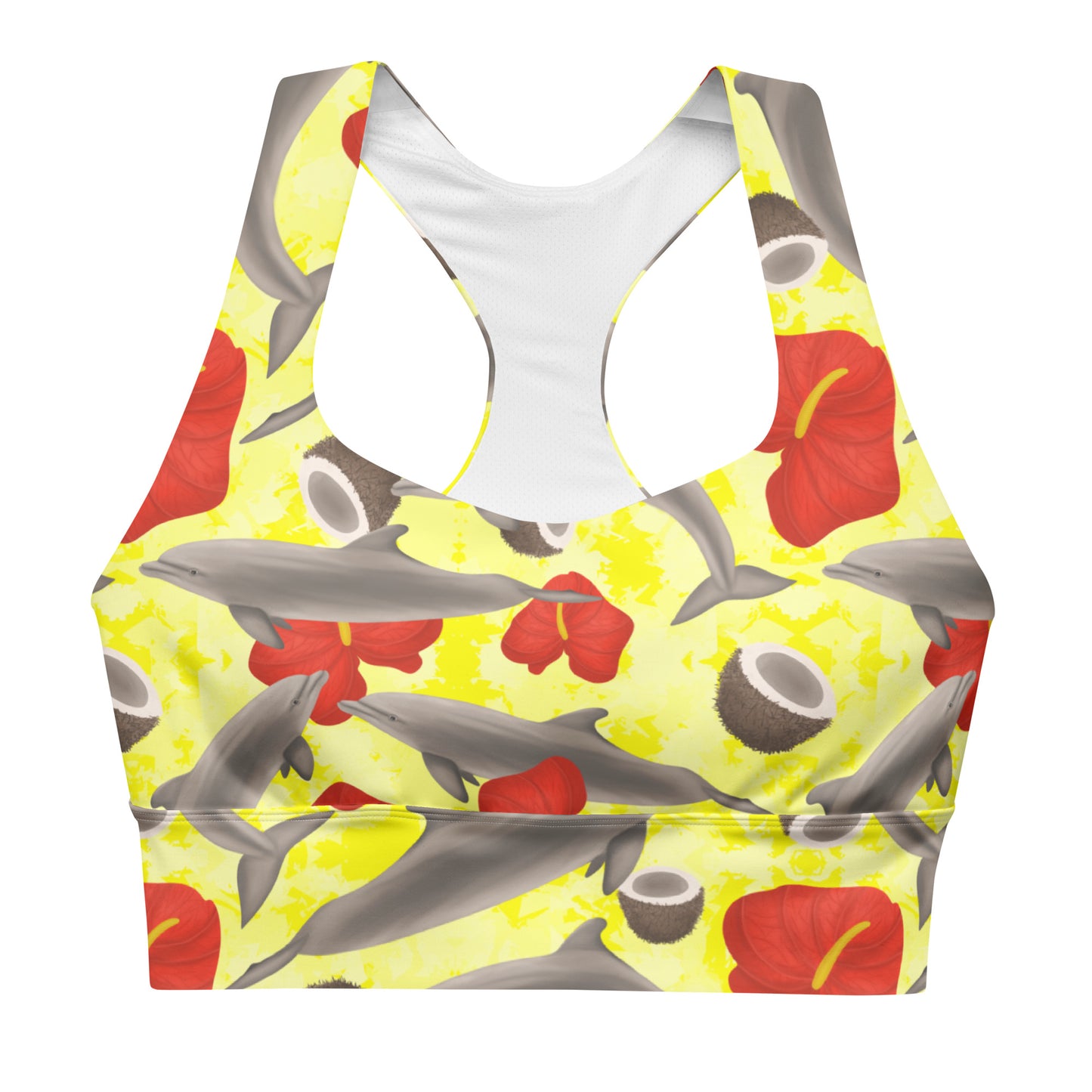 Yellow sports bra with dolphins and red flowers