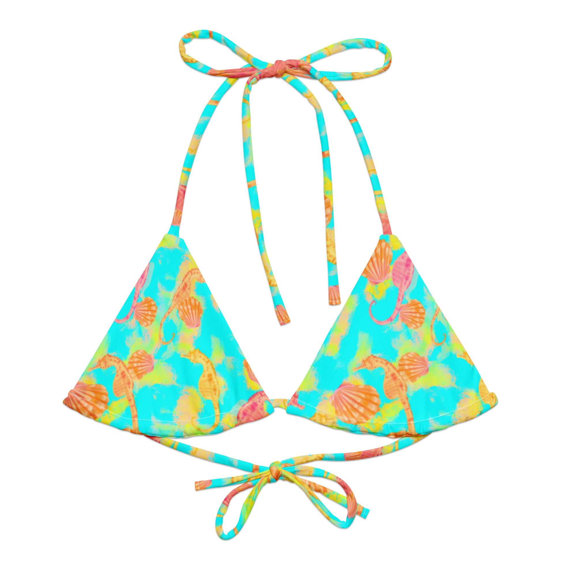 Pink and orange seahorses with sunrise seashells. Light aqua blue and yellow background with a neon yellow band. Eco string bikini top