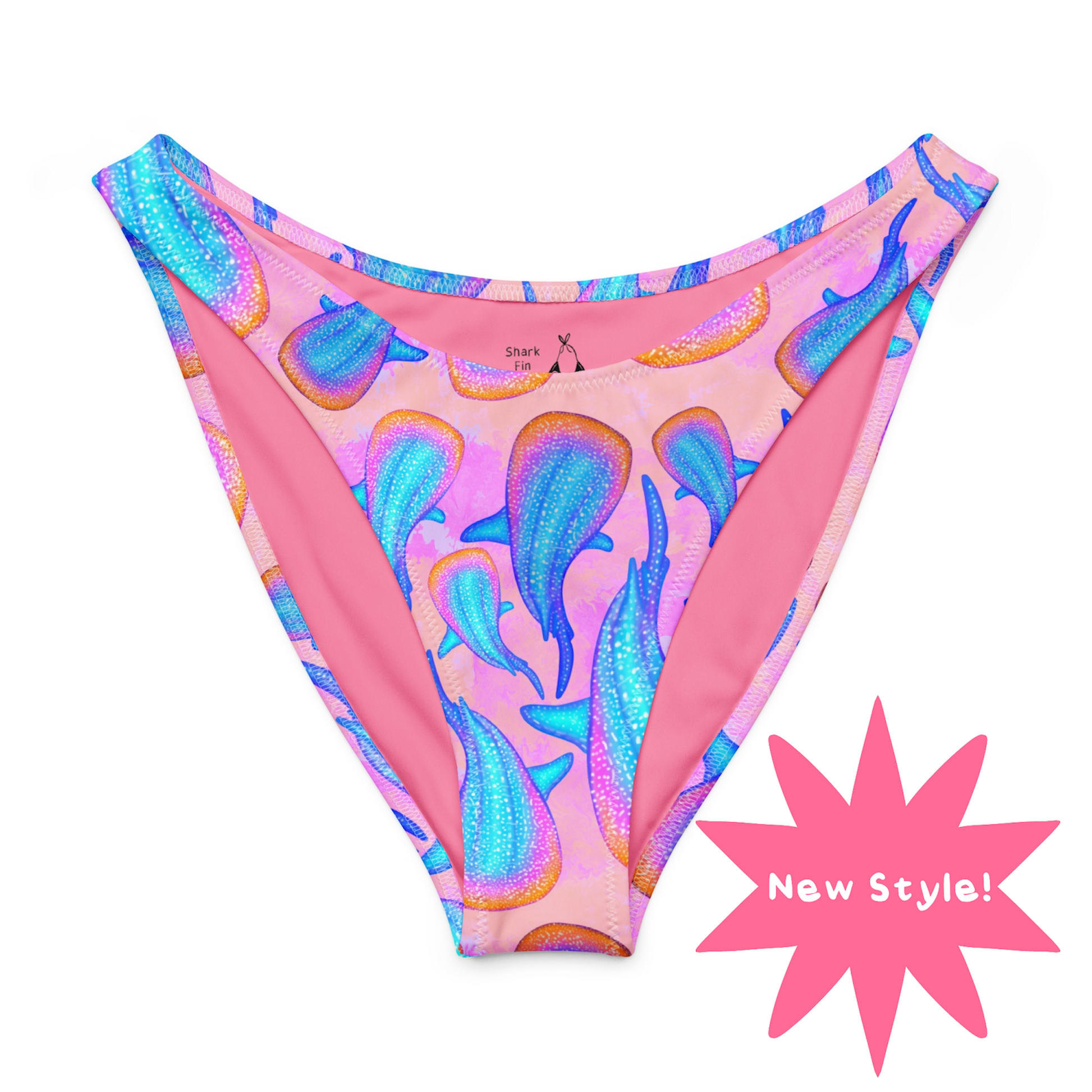 rainbow whale sharks with a pink and purple tie dye background on our high cut recycled bikini bottom
