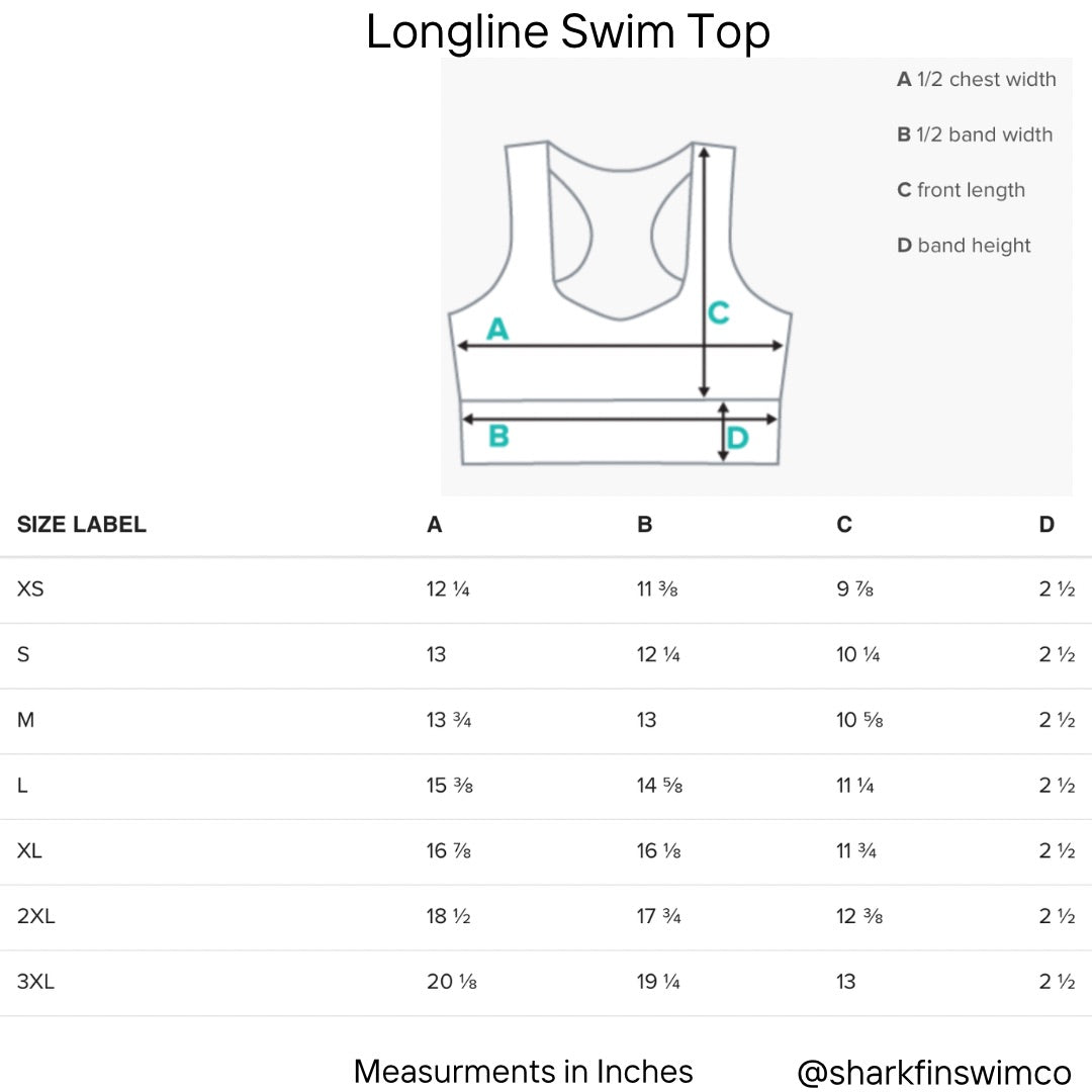 Product Measurement chart for a longline swim top with size labels and dimensions.