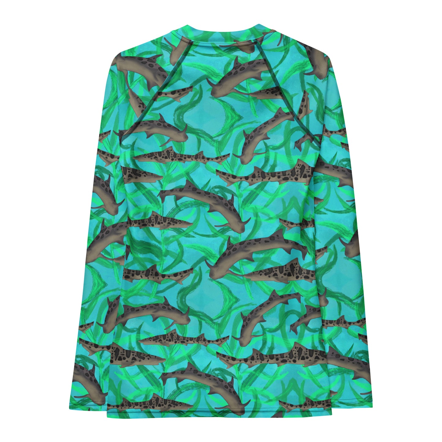 Blue and green long sleeve rashguard with leopard sharks 