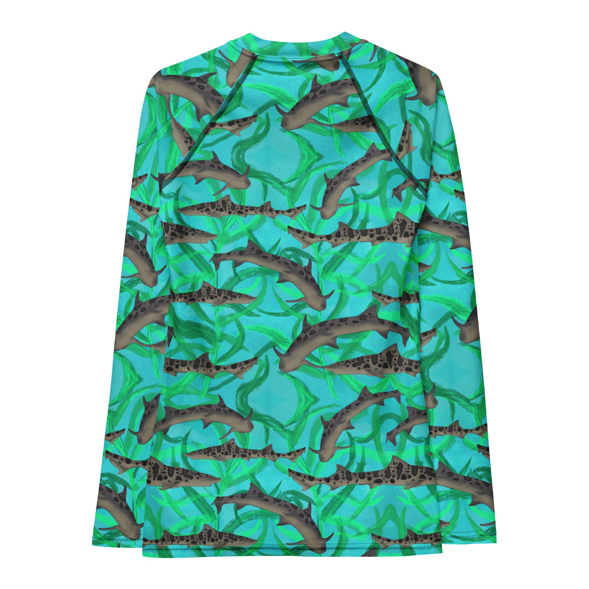 Blue and green long sleeve rashguard with leopard sharks 