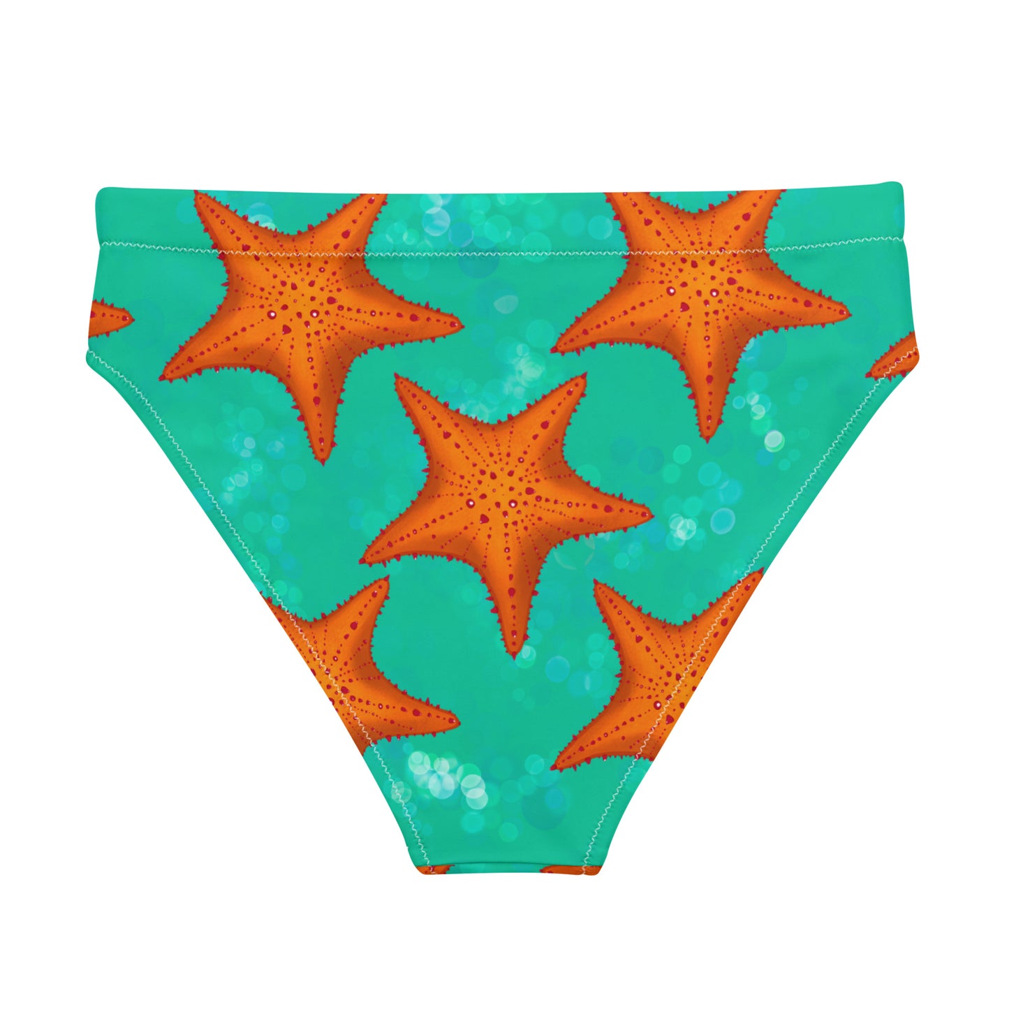 High waisted bikini bottom with orange starfish pattern on a turquoise background