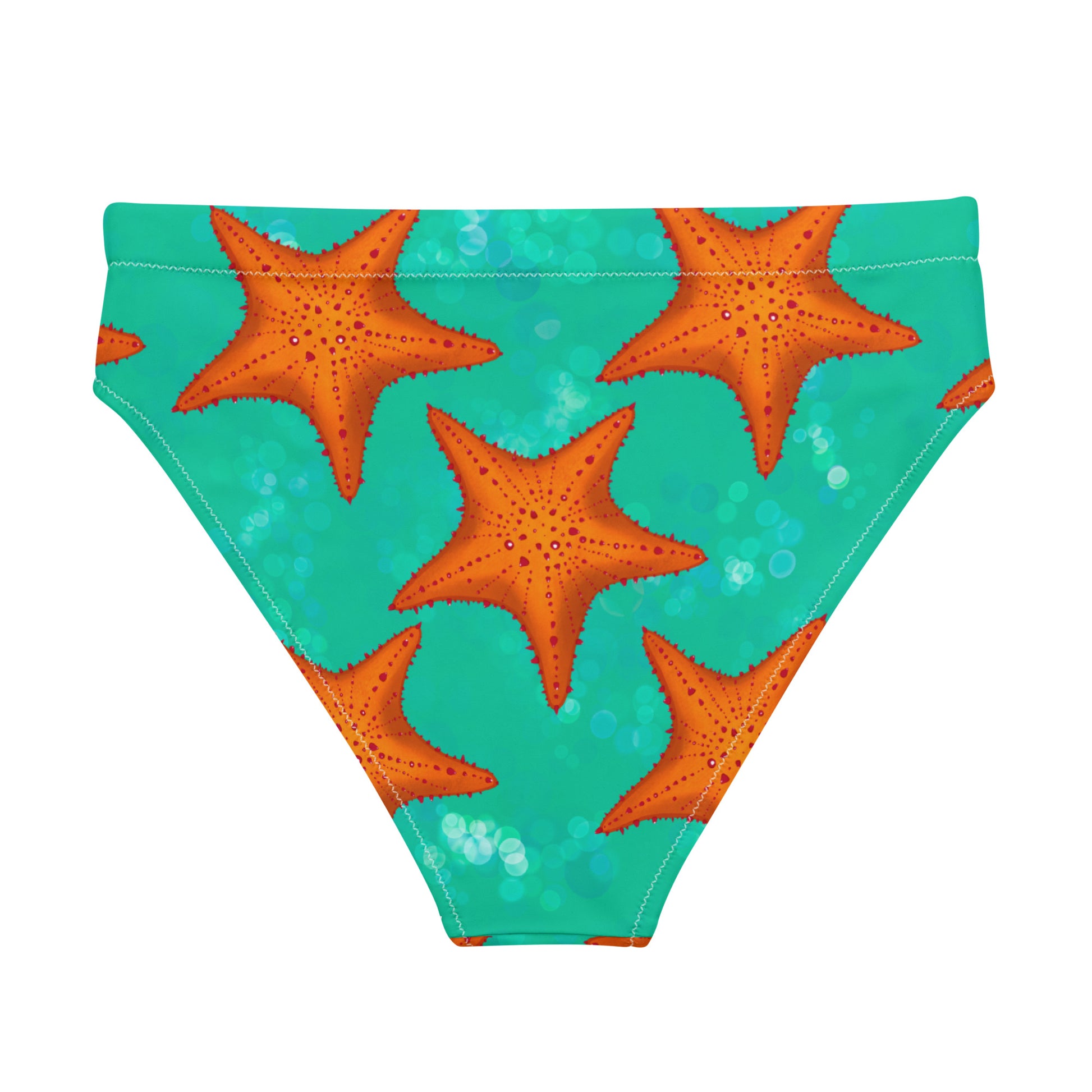 High waisted bikini bottom with orange starfish pattern on a turquoise background