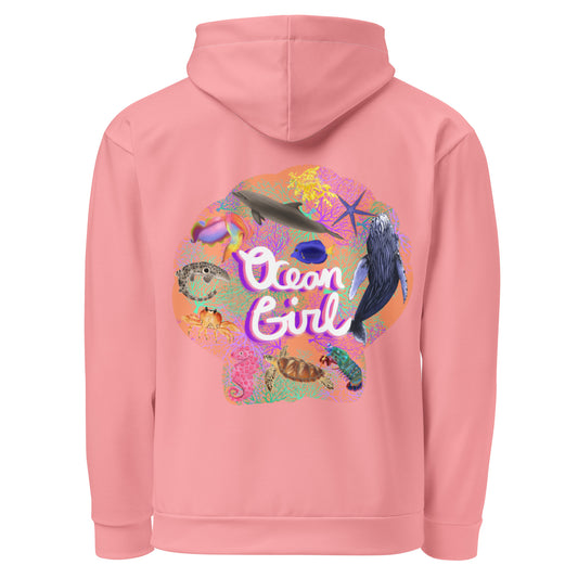 Ocean girl eco hoodie sweatshirt with a seashell design filled with ocean animals on the back, pink sweatshirt 