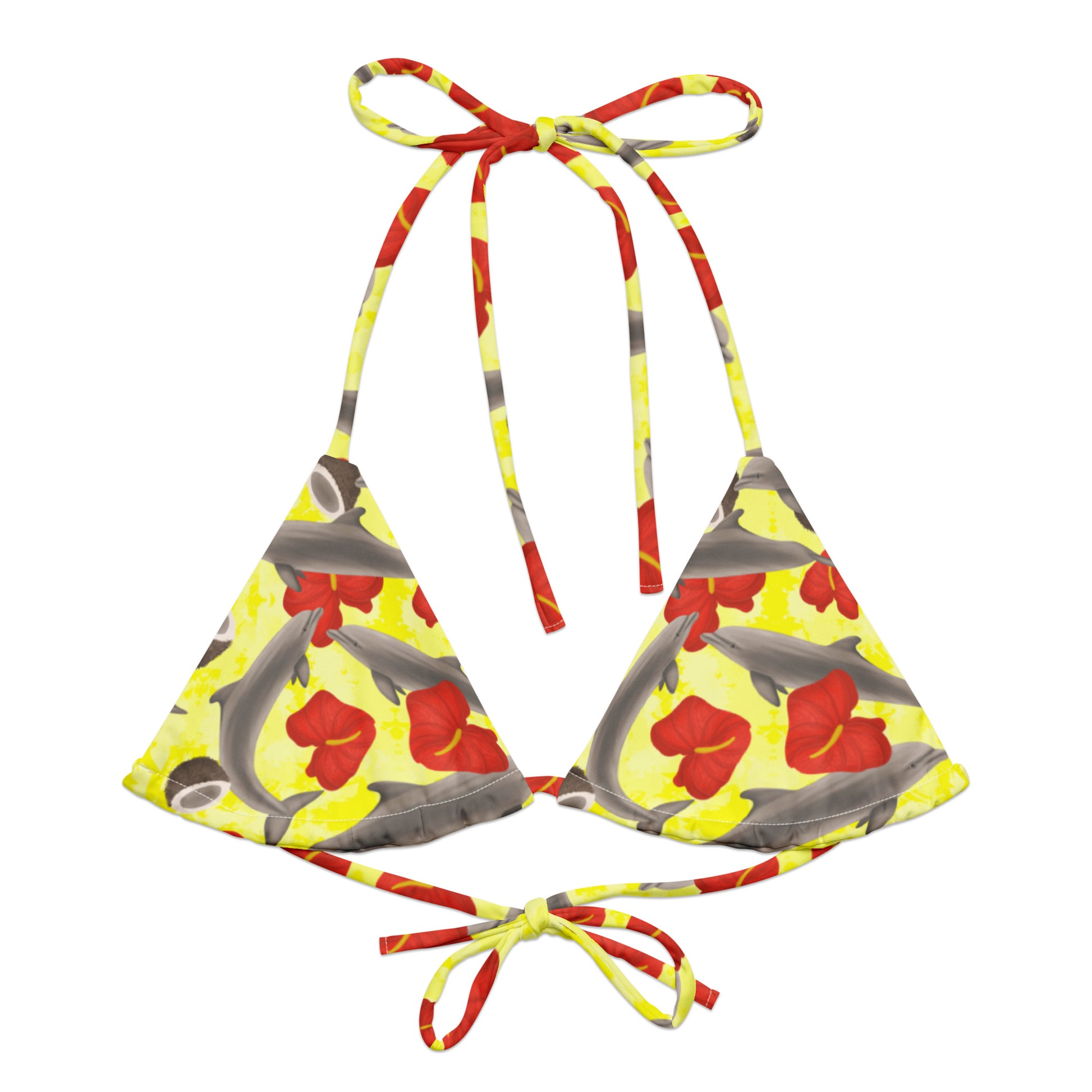 Yellow String bikini top with dolphins and red flowers 
