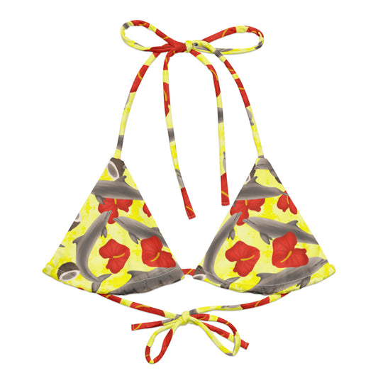 Yellow String bikini top with dolphins and red flowers 