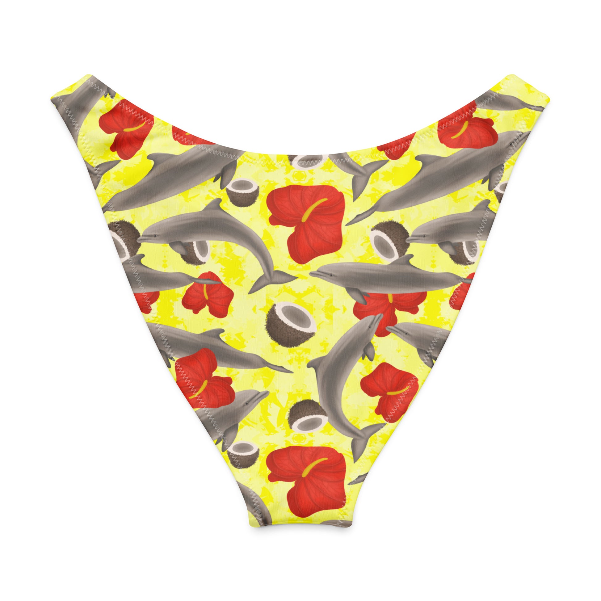 Bikini bottom with dolphin and flower pattern on a yellow background