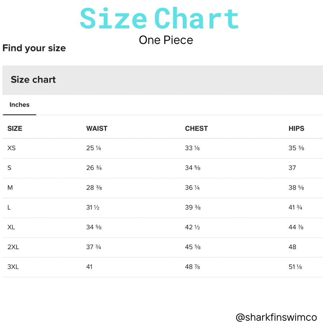 One piece size chart with measurements in inches 