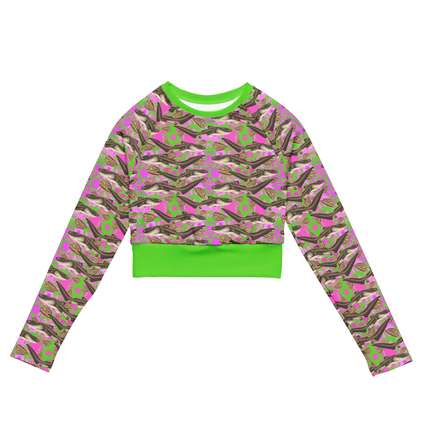 Pink and green cropped rashguard with zebra sharks and cowrie seashells 