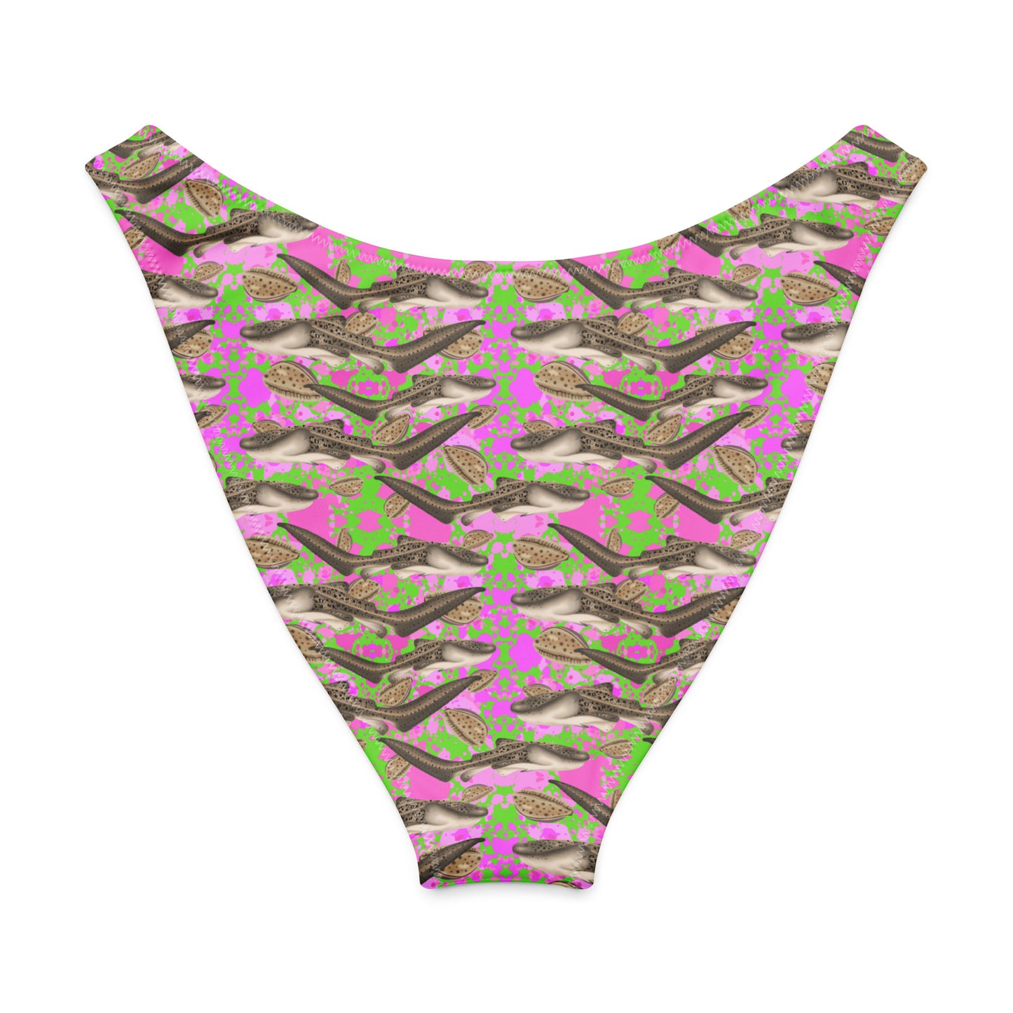 Green and pink patterned bikini bottom with zebra sharks and cowrie shells on a white background