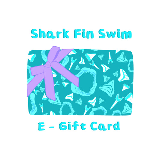 E-gift card with shark fin pattern and purple bow on a white background