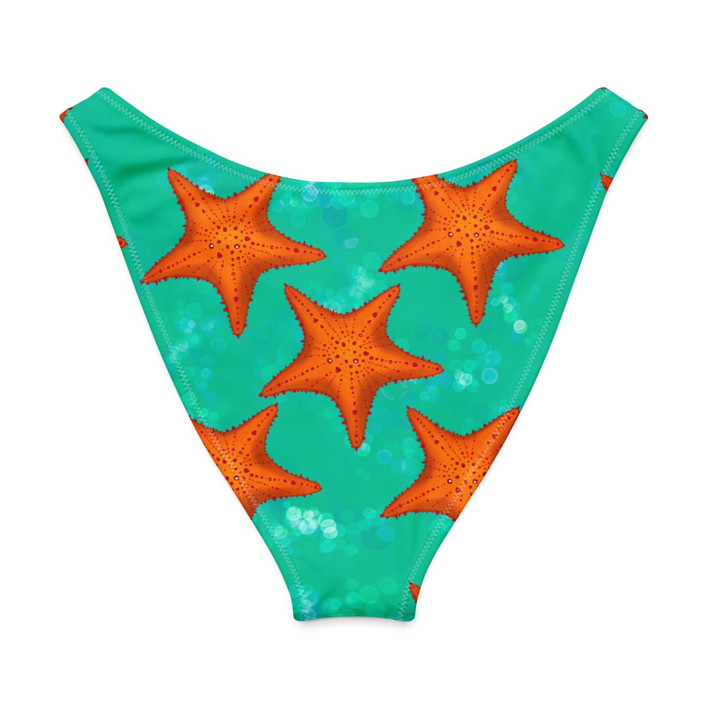 Green swimsuit bottom with orange starfish pattern on a white background