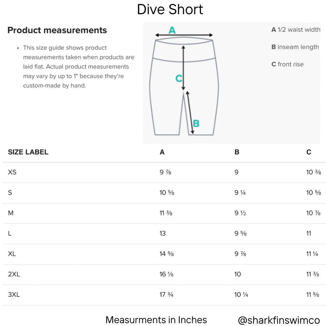Product Measurement chart for dive shorts with size labels and dimensions on a white background.