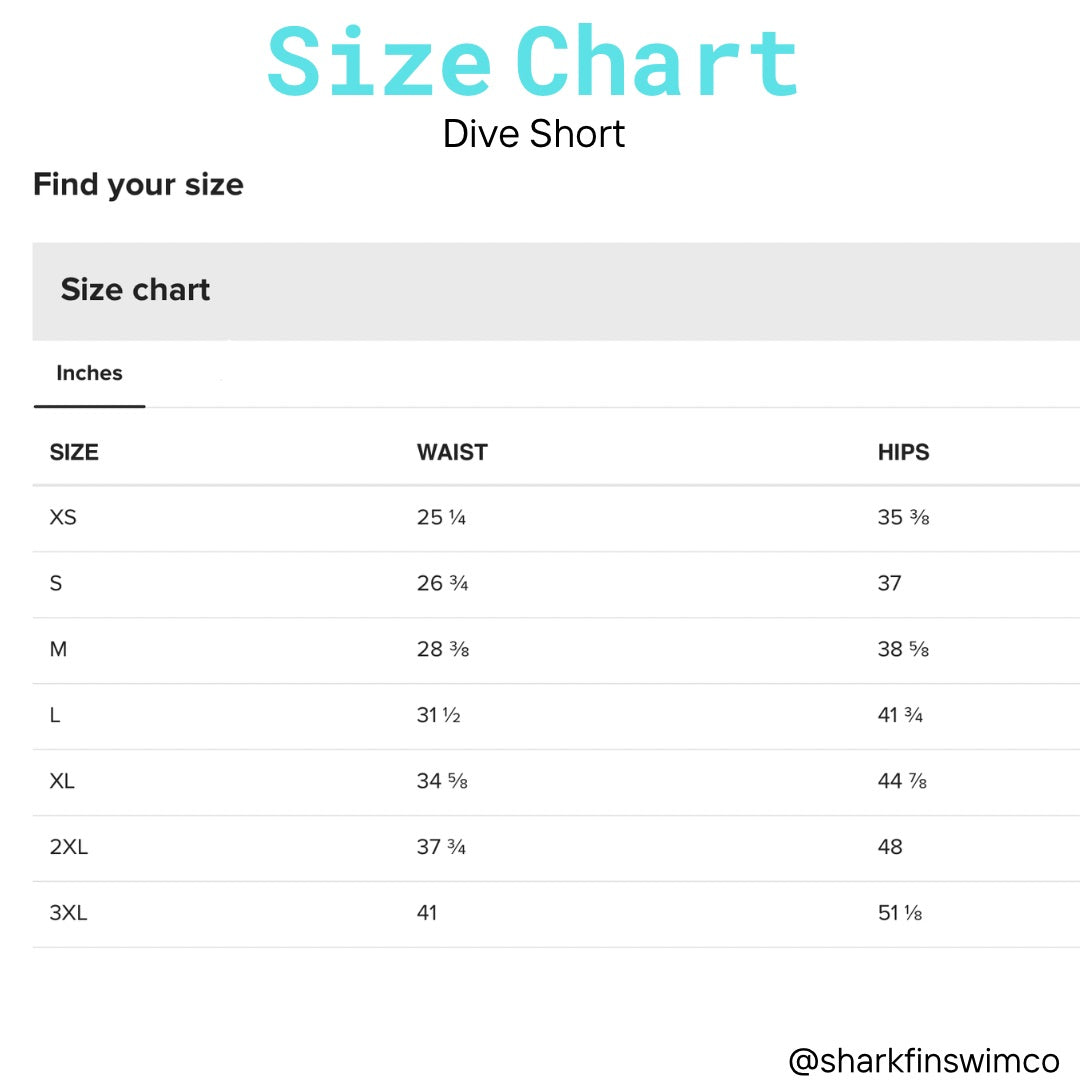 Size chart for dive shorts with waist and hip measurements.