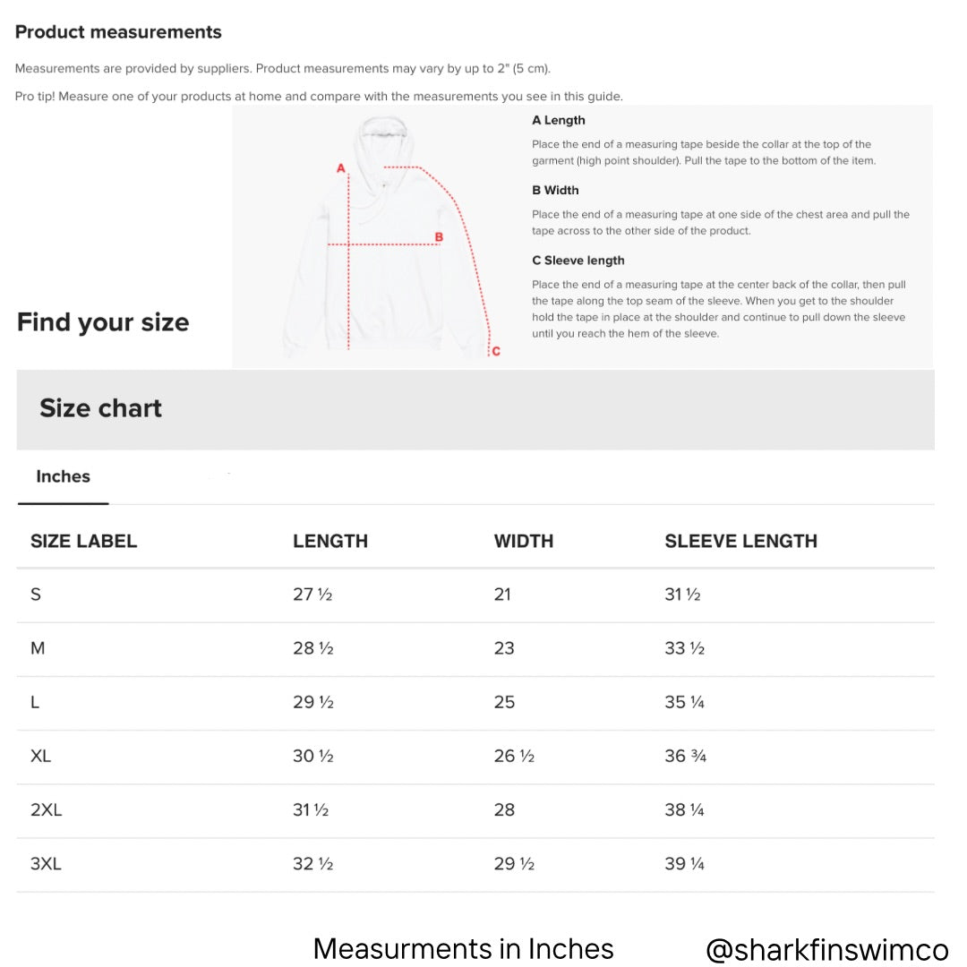 Product measurements for crewneck with measurement instructions and size labels in inches.