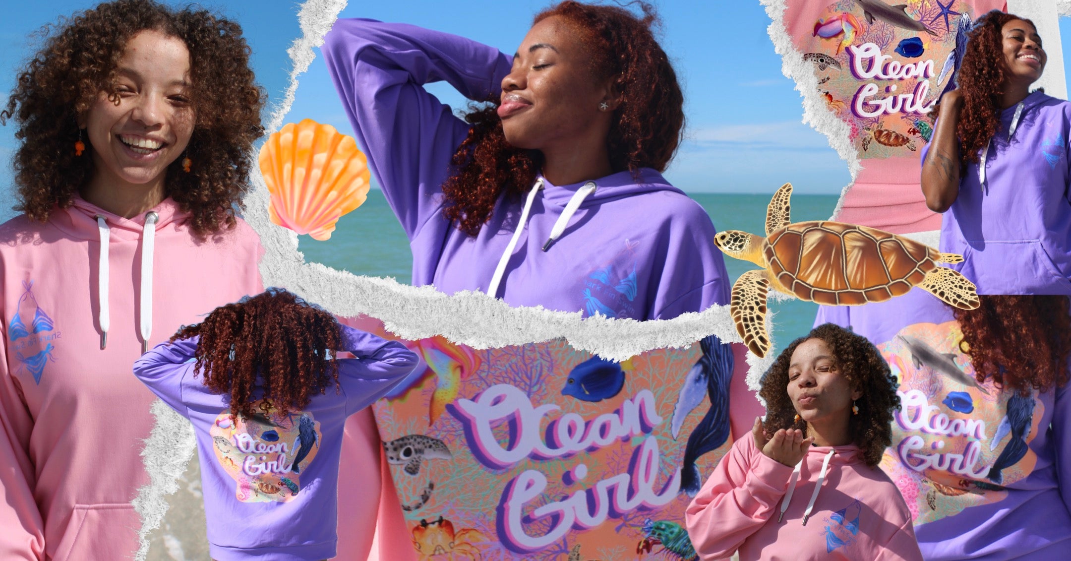 Collage of a girl in a pink and purple 'Ocean Girl' hoodie with beach-themed graphics.