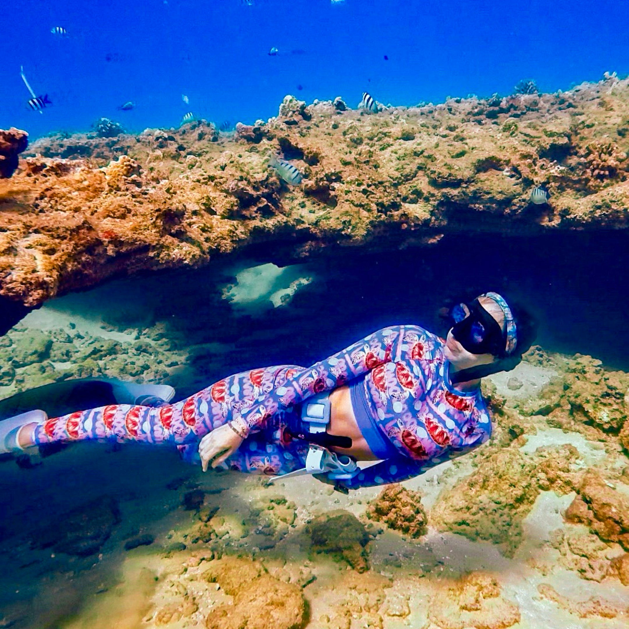 Person free diving underwater near a rocky coral reef with fish swimming around.