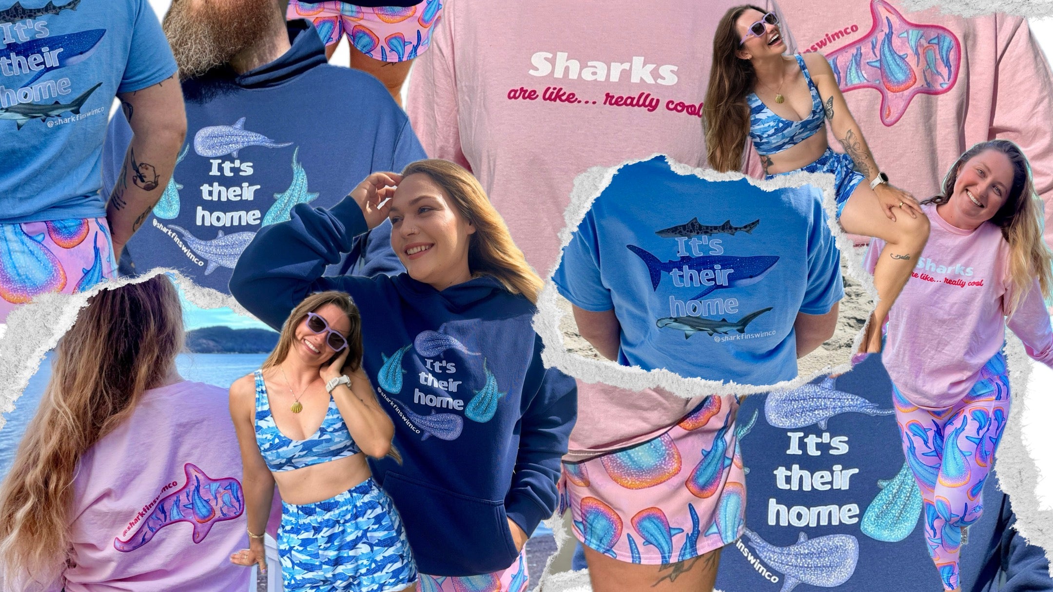 Apparel collage of Shark fin swim clothing items on various models 