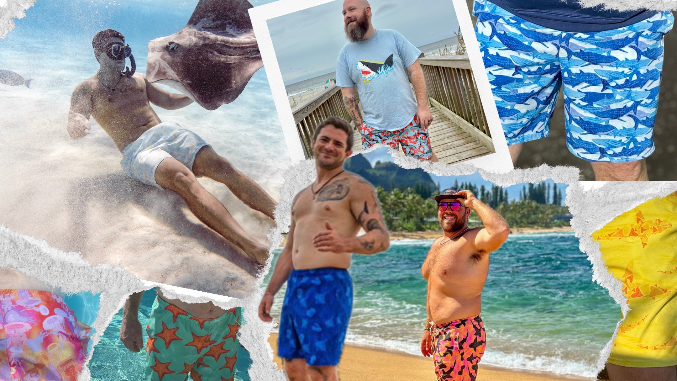 collage of people wearing shark fin swim trunks 