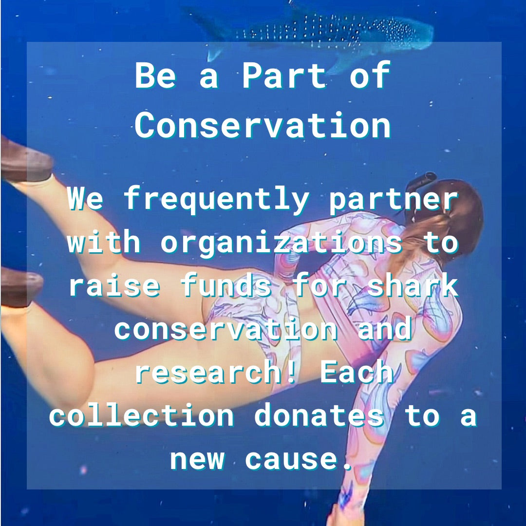 Person in colorful swimsuit with text about shark conservation and fundraising partnerships.